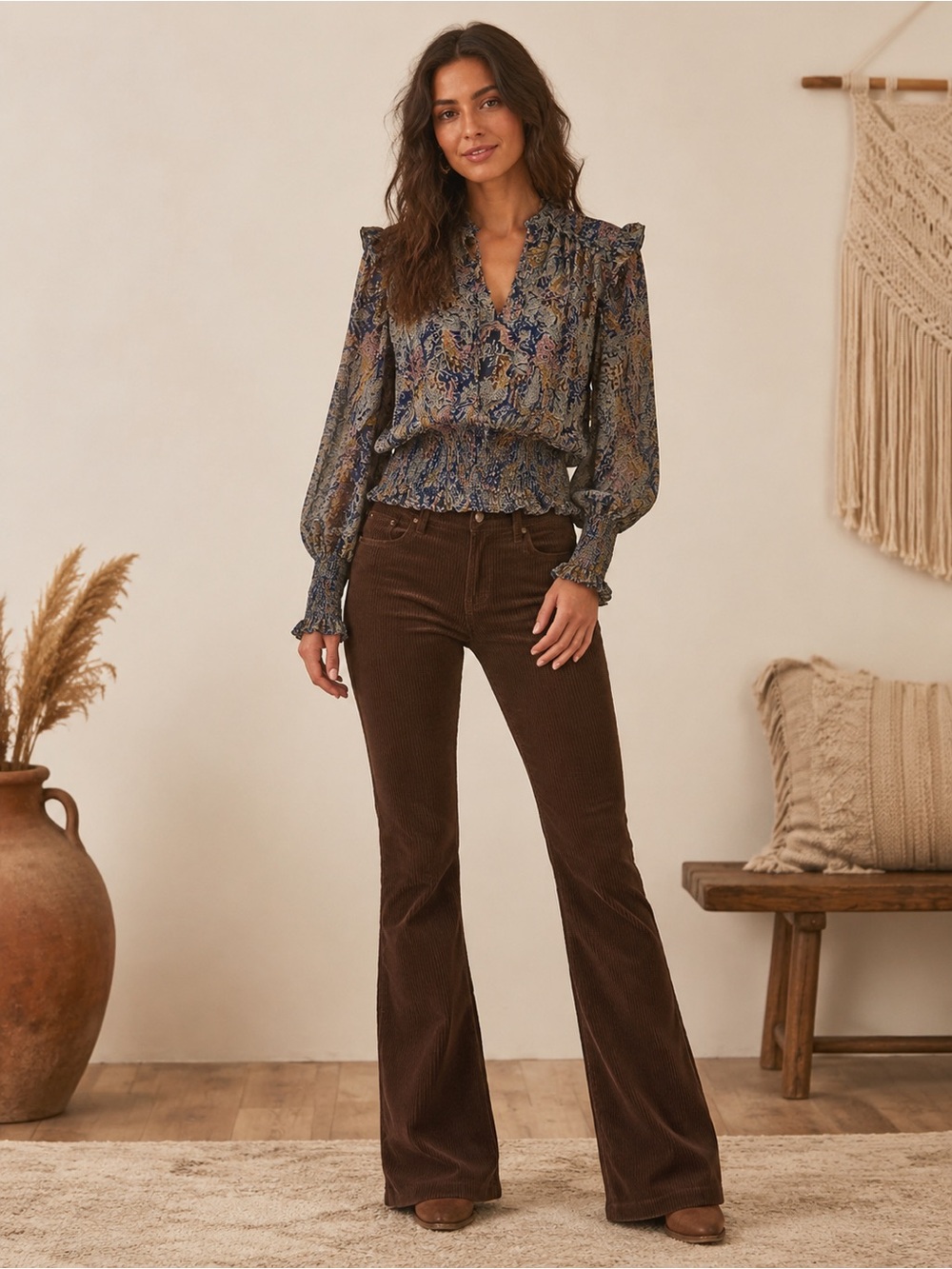 Elan Multicolor Floral Smocked Waist Peasant Blouse